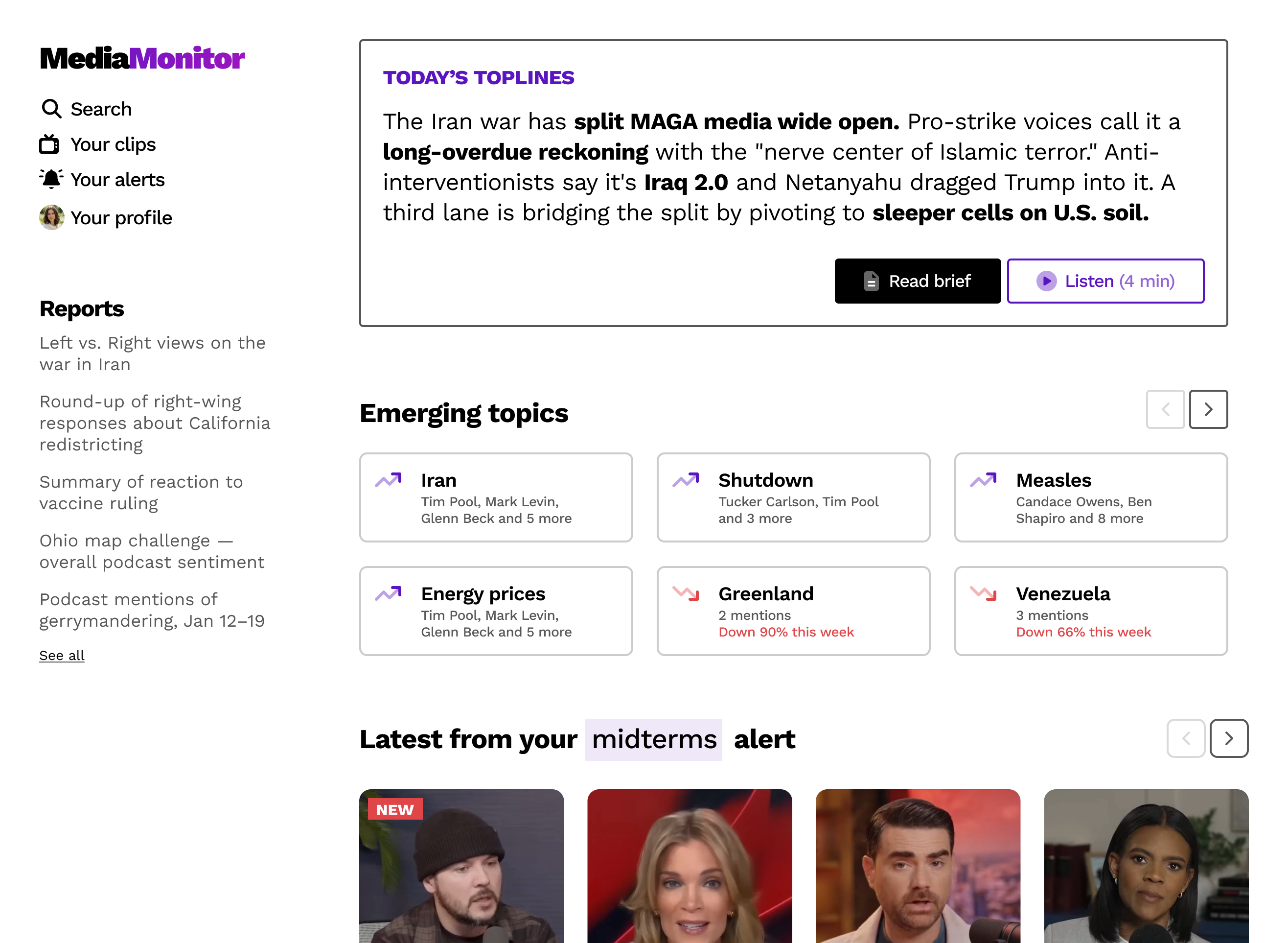 Media Monitor dashboard with today’s toplines, emerging topics, and alert clips